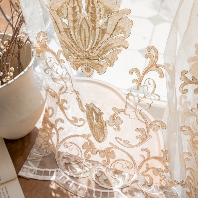Custom Sheer Curtains PLENISE, Gold Embroidery, Arabic Floral Pattern