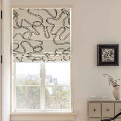 Custom Roman Shades, Chenille Fabric, Contemporary Black Abstract Line Pattern
