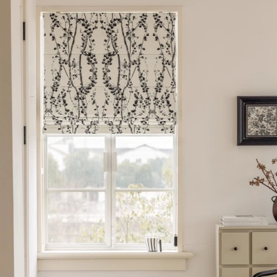 Custom Roman Shades, Chenille Fabric, Modern Abstract Thorn Flower