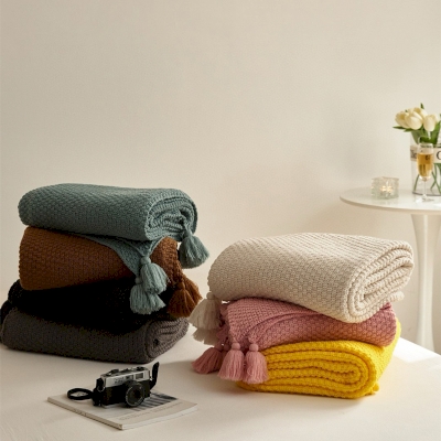 Solid Color Knit Blanket with Fringe, Throw Blanket for Couch, Soft Couch Throw