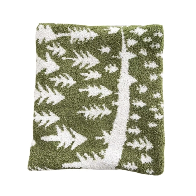 Plaid de Noël en Tricot Vert avec Motif de Forêt, Plaid Canapé, Plaid Cocooning