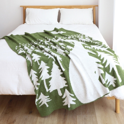 Plaid de Noël en Tricot Vert avec Motif de Forêt, Plaid Canapé, Plaid Cocooning