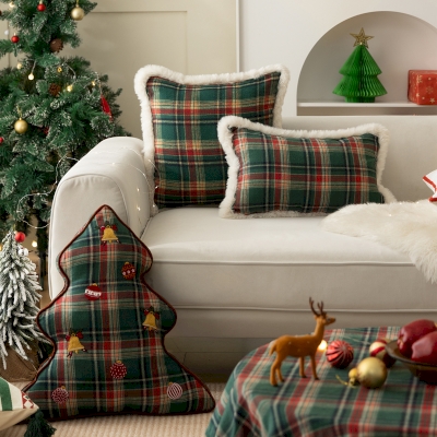 Christmas Plaid with Plush Fringe Throw Pillow Cover, Christmas Tree Pillow, Throw Pillow