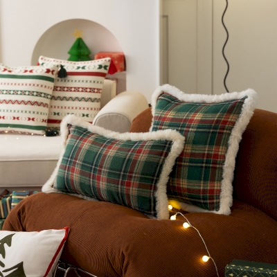 Christmas Plaid with Plush Fringe Throw Pillow Cover, Christmas Tree Pillow, Throw Pillow