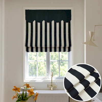 Custom Roman Shades, Black and White Stripes, Chenille Fabric, Bedroom Shades