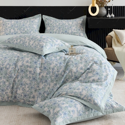 Blue Floral Printed Cotton Bedding Set(4PCS)