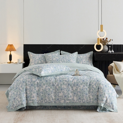 Blue Floral Printed Cotton Bedding Set(4PCS)
