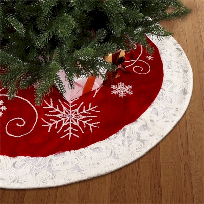 48-Inch Red Embroidered Velvet Snowflake Christmas Tree Skirt