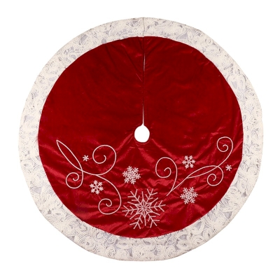 48-Inch Red Embroidered Velvet Snowflake Christmas Tree Skirt