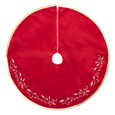 Red Embroidered Leaf Christmas Tree Skirt