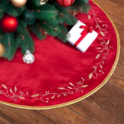 Red Embroidered Leaf Christmas Tree Skirt