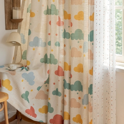 Rideau Pour Enfant Céleste, Tissu en Polyester et Lin, Motif de Nuages Colorés