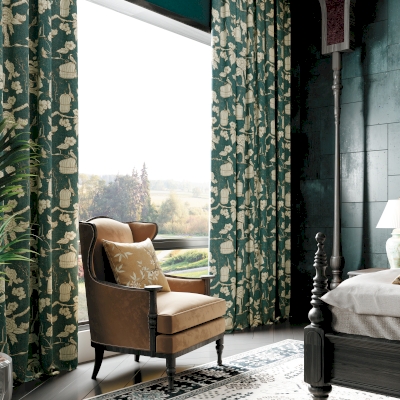 Rideau Aviabella, Tissu Imprimé Vert Émeraude, Motif Floral et Oiseaux Vintage