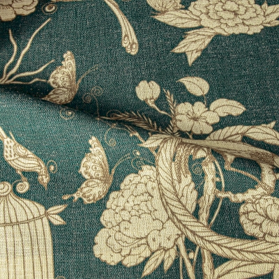 Rideau Aviabella, Tissu Imprimé Vert Émeraude, Motif Floral et Oiseaux Vintage