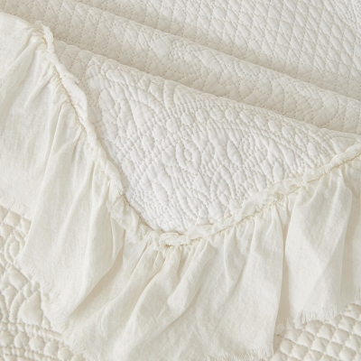 Couvre-lit Matelassé Uni avec Broderie, Coton, Bordure à Volants, 3 Couleurs