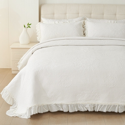 Couvre-lit Matelassé Uni avec Broderie, Coton, Bordure à Volants, 3 Couleurs