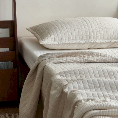 Couvre-lit Matelassé à Carreaux en Coton et Lin Beige