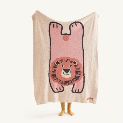 Plaid Lion Rose, Tricoté Mélangé à Motif Lion Adorable, 130x160 cm