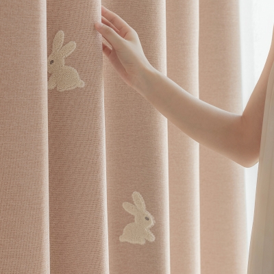 Rideau Sur Mesure Enfant, Toucher Coton-Lin, Petit Lapin Rose Brodé