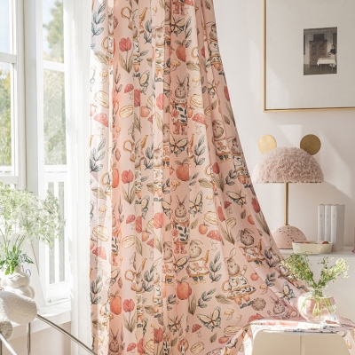 Rideaux Enfants Rêverie de la Fête, Tissu Chenille, avec Lapins et Jardin Enchanté