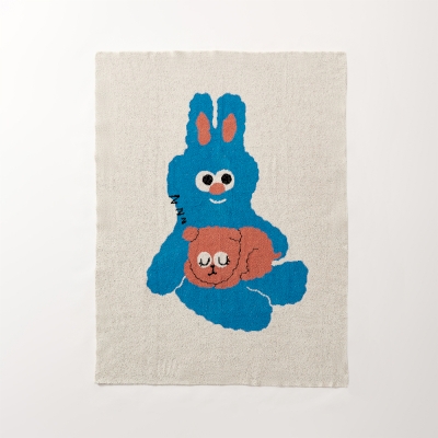 Plaid Ben Lapin, Jersey de velours, Motif lapin bleu et ours brun 130 × 160 cm