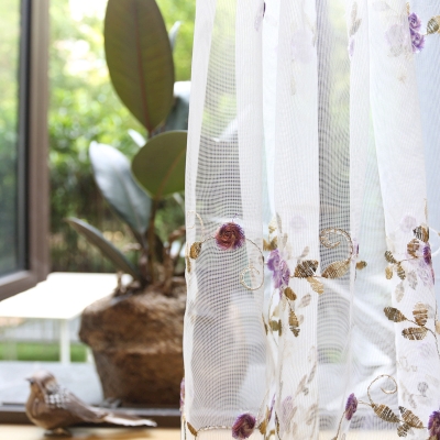 Rideau Brise-Bise en Dentelle Brodée Motif Floral Violet