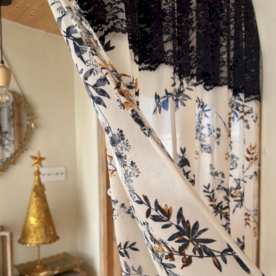Rideau Brise-Bise Bleu Foncé à Feuilles avec Dentelle Noire