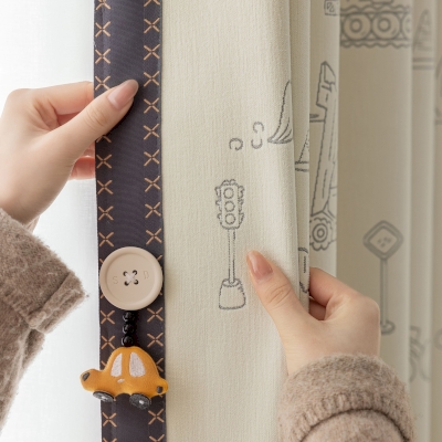 Rideau Enfant Sur Mesure Hector, Tissu Chenille Douce, Motif Véhicules de Chantier