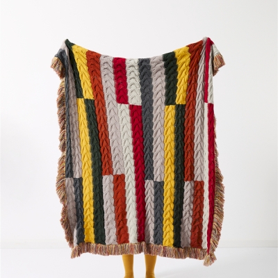 Plaid PATCH, Patchwork Multicolore en Mélange Laine, Motif Tricot Torsadé, Finitions à Franges, 130 x 160 cm