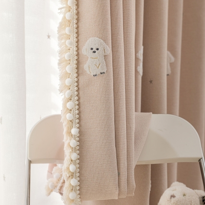 Rideau Enfant Sur Mesure Bella, Tissu Effet Lin Coton, Motif Chien Brodé