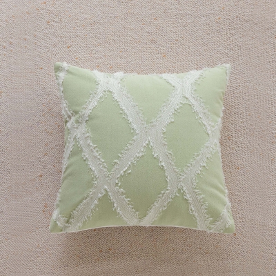 Housse de Coussin VERDURE, Broderie en Losanges Blancs Ajourés Avec des Bords Effilochés, Vert Frais
