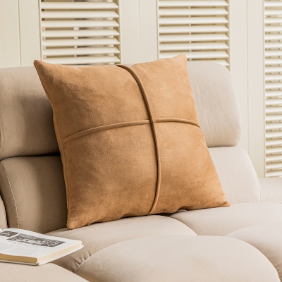 Housse de Coussin TERRACOTTA, Tissu en Suédine Imitation Daim, Motif en Relief à Surpiqûres Croisées, Caramel Brun