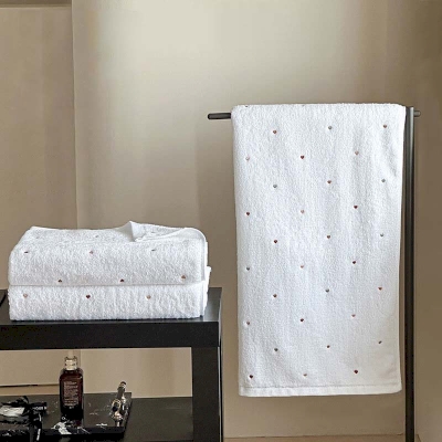 Serviette de Bain CÂLIN Coton, Broderies Cœurs, Étoiles Et Lunes Argentées