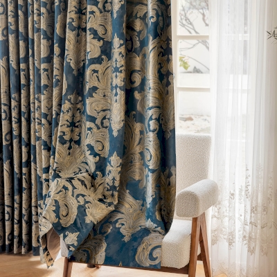 Rideau Sur Mesure FLOR, Tissu Jacquard Saphir Doré à Motif Feuillage Sculpté en Relief