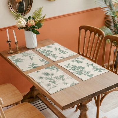 Set de Table en Lin et Coton PIN, Motif imprimé pomme de pin verte, 32x45 cm