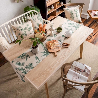 Chemin de Table en Coton Lin, Imprimé Pomme de Pin Verte