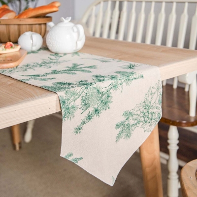 Chemin de Table en Coton Lin, Imprimé Pomme de Pin Verte