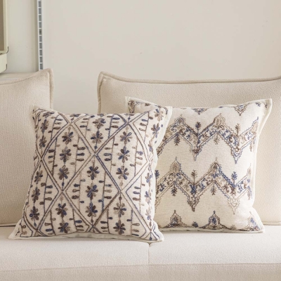 ARELIA Embroidered Cushions, Bohemian Chic Cotton-Linen, Geometric Floral and Chevron Patterns, 45 x 45 cm