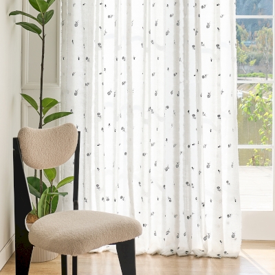 VIVIANA Custom-Made Sheer Curtain, Embroidered Feather Effect Fabric, Black Rose Pattern
