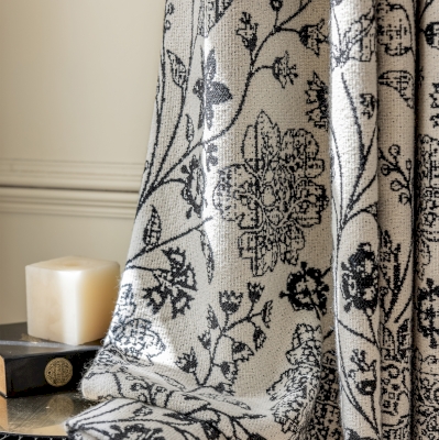 Rideau Sur Mesure FLORES, Tissu Jacquard Aspect Coton-Lin, Motif Floral Graphique Tissé