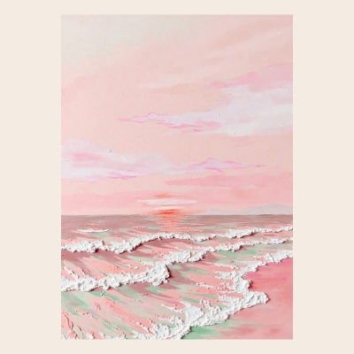 Tableau Décoratif ONIRIS, Peinture à l’Huile Texturée, Coucher de Soleil Marin Rose, Fait Main sur Mesure