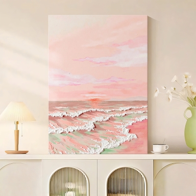 Tableau Décoratif ONIRIS, Peinture à l’Huile Texturée, Coucher de Soleil Marin Rose, Fait Main sur Mesure