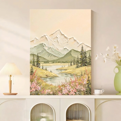 Tableau Décoratif VALDORÉ, Peinture à l’Huile Texturée, Le Printemps au Pied des Montagnes Enneigées, Fait Main sur Mesure