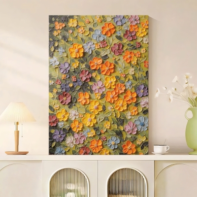 Tableau Décoratif BLOOM, Peinture à l’Huile en Relief Floral, Éclat de Fleurs en Pleine Floraison, Fait Main sur Mesure