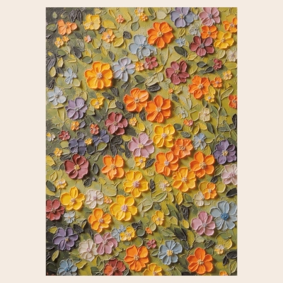 Tableau Décoratif BLOOM, Peinture à l’Huile en Relief Floral, Éclat de Fleurs en Pleine Floraison, Fait Main sur Mesure