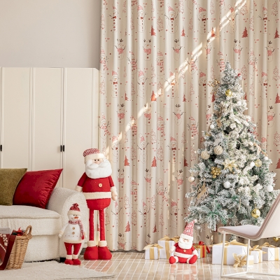 Custom Christmas Curtains, Printed Chenille Fabric, Playful Snowman and Red Christmas Tree Pattern – NIVETTE Curtains