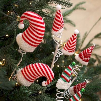 Lot de 4 Décorations à Piquer, Chapeaux de Noël sur Tige à Ressort, Rouge et Vert