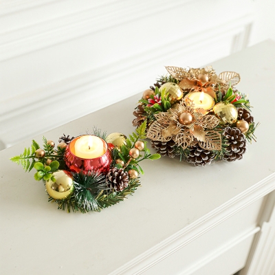 Bougeoir de Noël avec Couronne Décorative, Pommes de Pin et Boules Festives