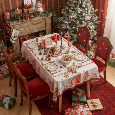 Nappe de Noël, village ou botanique, bord festonné rouge