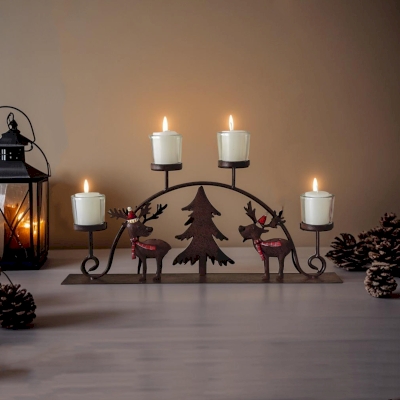 Bougeoir de Noël en Métal, Forme de Rennes et Sapin, 4 Verres Amovibles pour Bougies